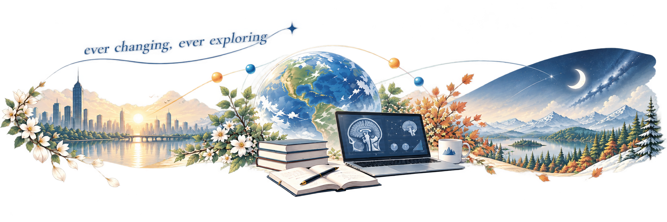 Illustration of the Earth, sunrise, sunset, stars, books, and a computer