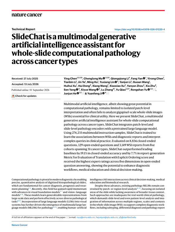 Cover image for SlideChat is a multimodal generative artificial intelligence assistant for whole-slide computational pathology across cancer types